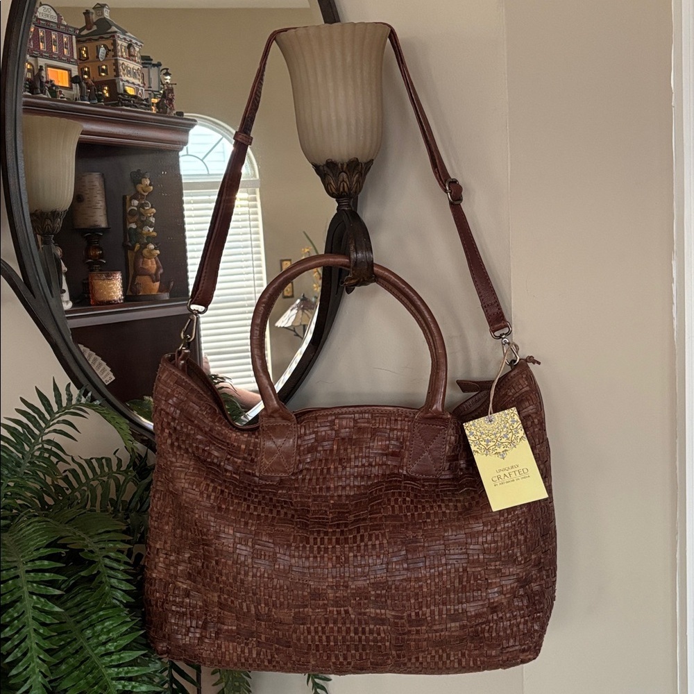 Brand New Genuine Leather Brown Woven Crossbody Zippered Handcrafted Handbag